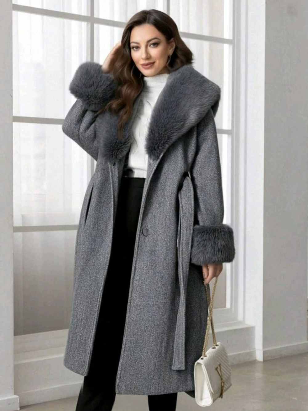 Gray Faux-Fur Trim Long Coat - Women